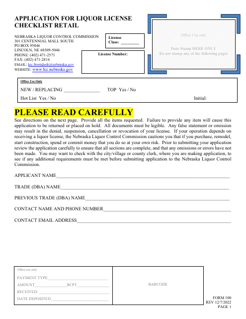 Form 100 Application for Liquor License - Retail - Nebraska