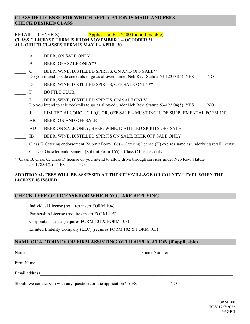 Form 100 Application for Liquor License - Retail - Nebraska, Page 3