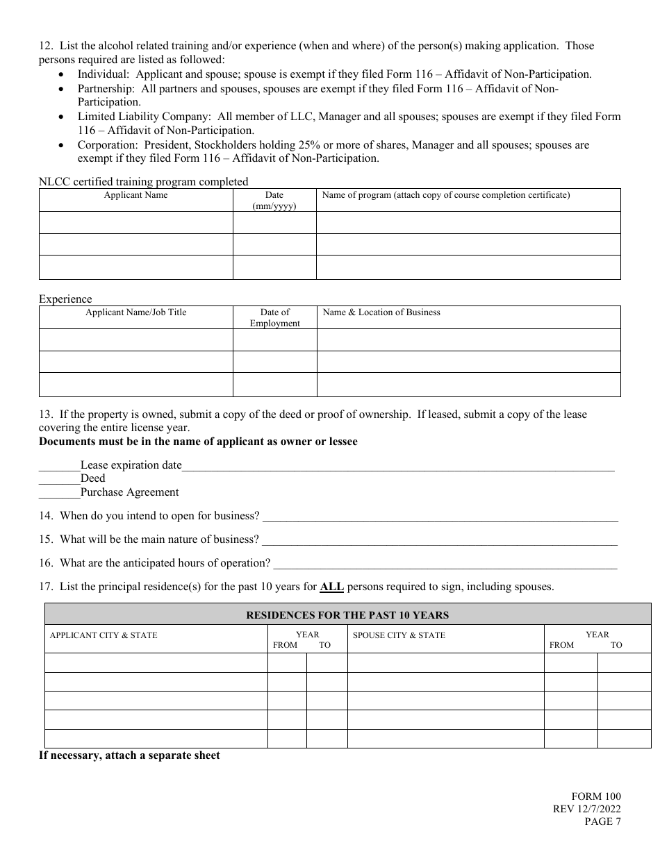 Form 100 Application for Liquor License - Retail - Nebraska, Page 7