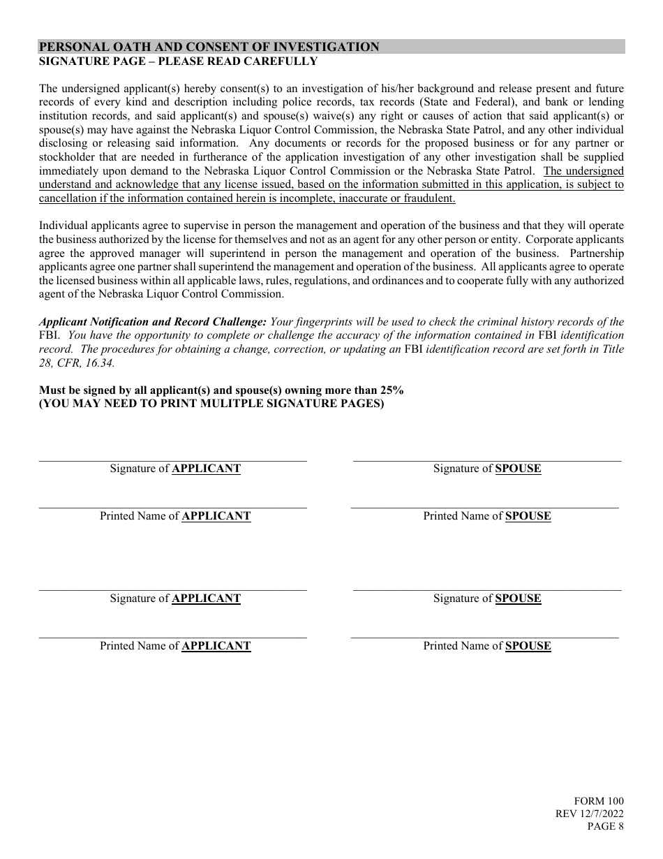 Form 100 Application for Liquor License - Retail - Nebraska, Page 8