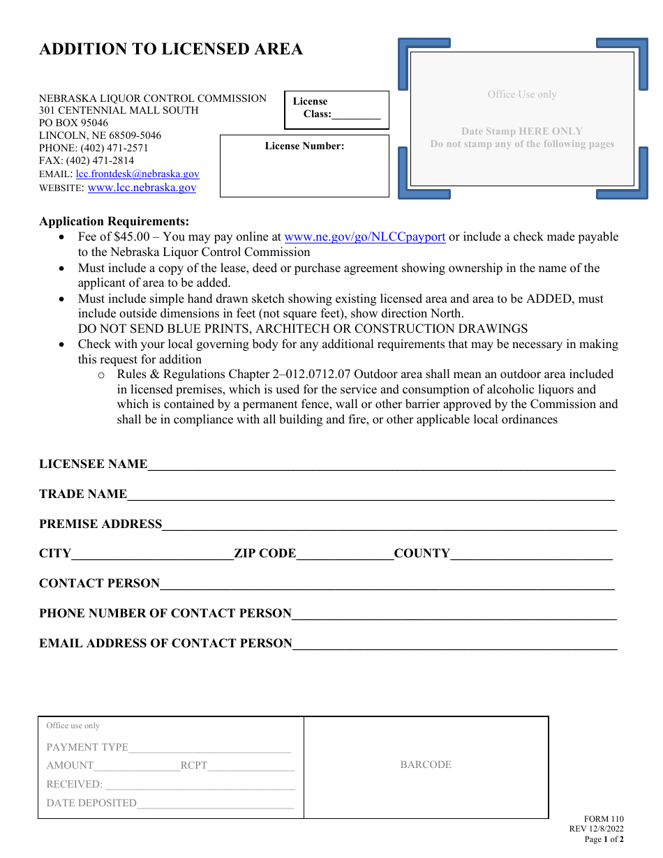 Form 110 Addition to Licensed Area - Nebraska, Page 1
