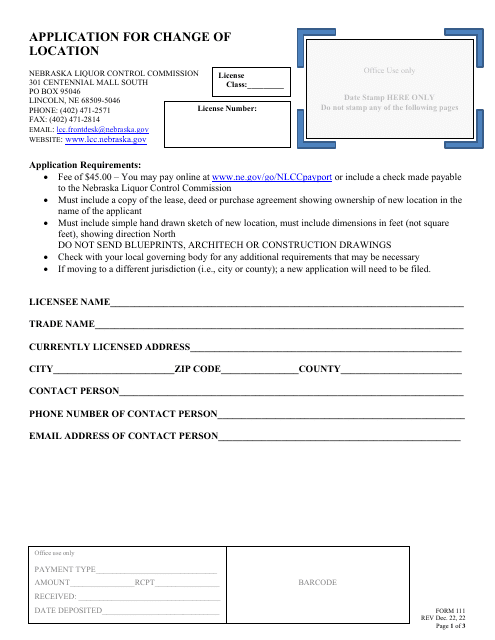 Form 111 Application for Change of Location - Nebraska