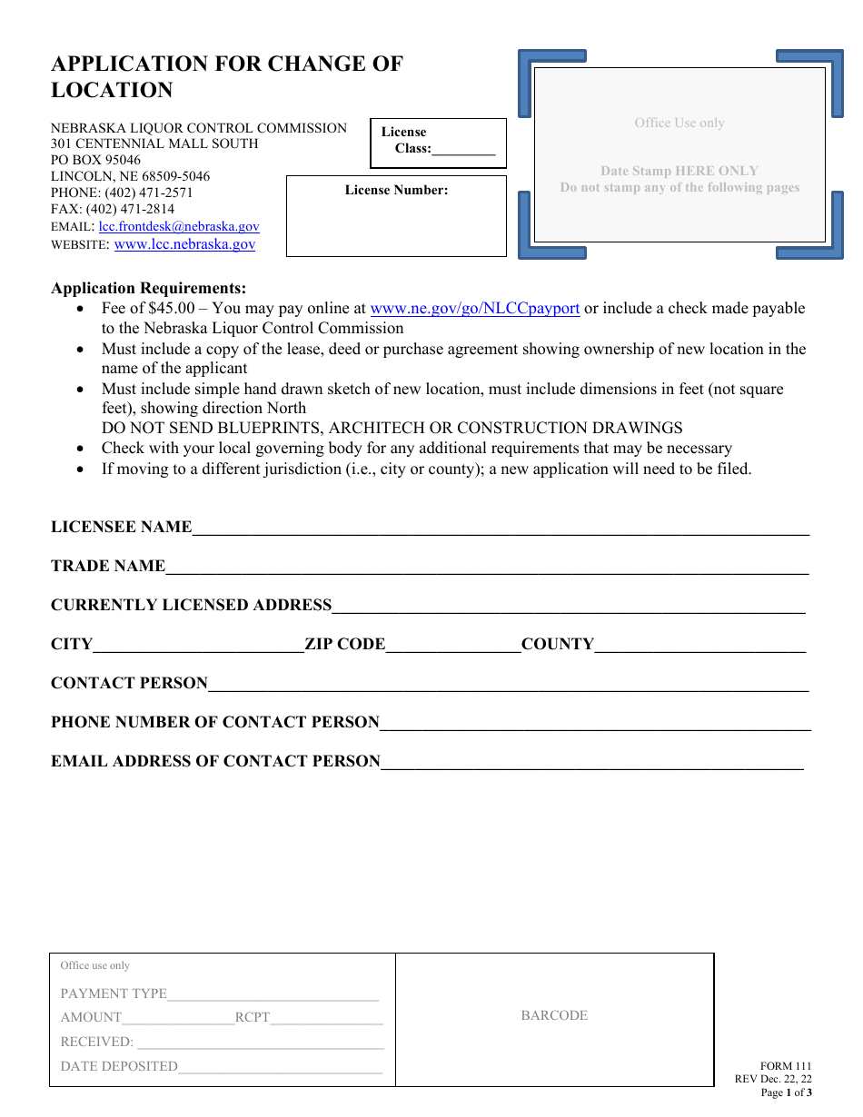 Form 111 Application for Change of Location - Nebraska, Page 1