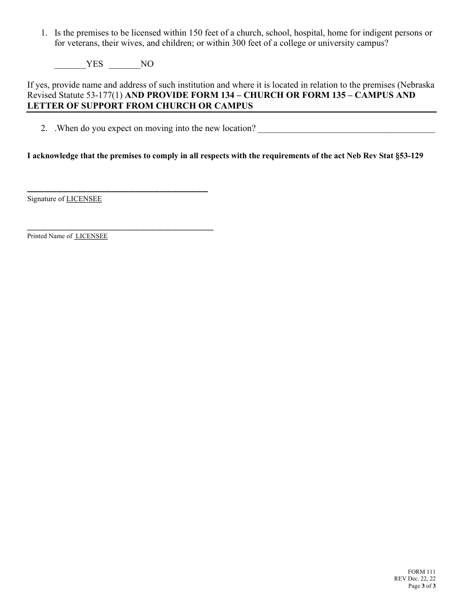 Form 111 Application for Change of Location - Nebraska, Page 3