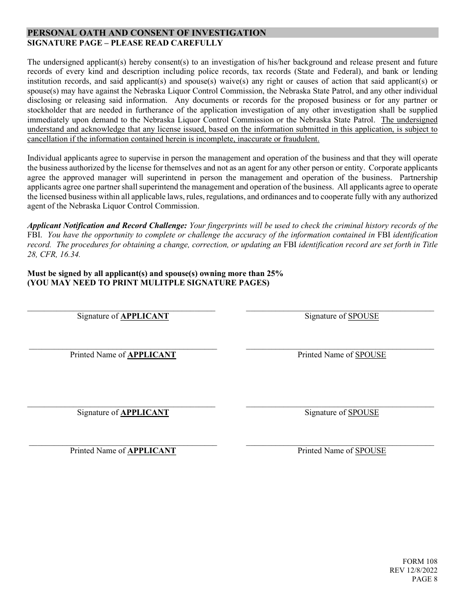Form 108 Application for Liquor License - Bottle Club - Nebraska, Page 8