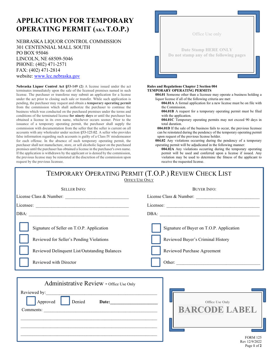 Form 125 Application for Temporary Operating Permit (Aka T.o.p.) - Nebraska, Page 1