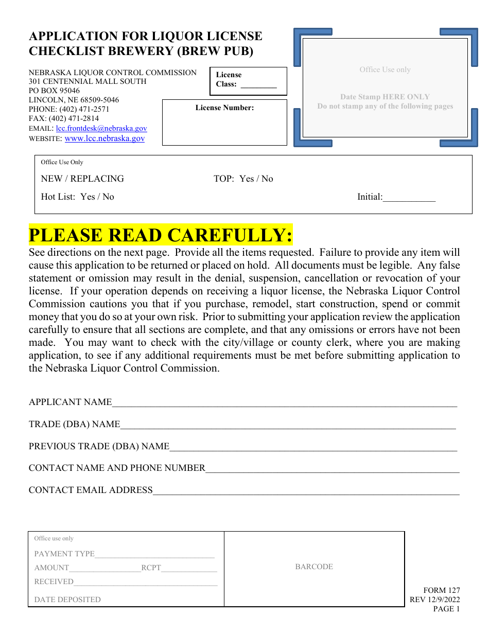 Form 127 Application for Liquor License - Brewery (Brew Pub) - Nebraska, Page 1