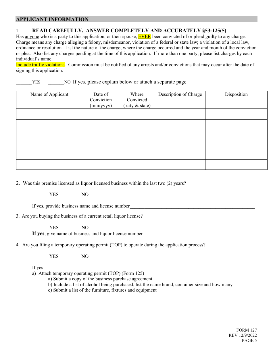 Form 127 Application for Liquor License - Brewery (Brew Pub) - Nebraska, Page 5
