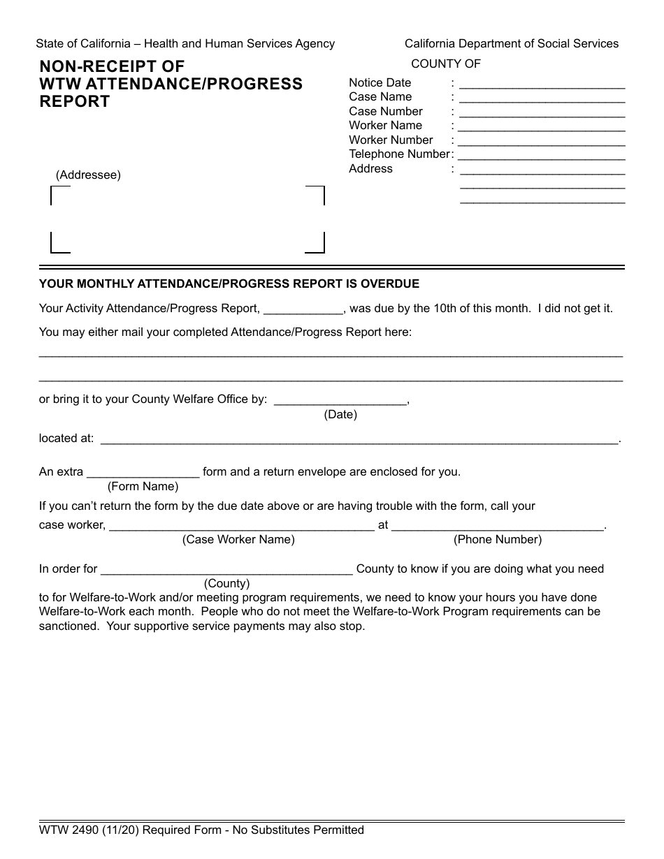 Form WTW2490 Non-receipt of Wtw Attendance / Progress Report - California, Page 1