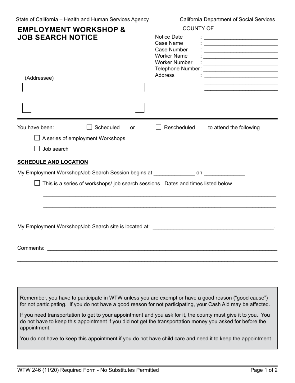 Form WTW246 Employment Workshop  Job Search Notice - California, Page 1
