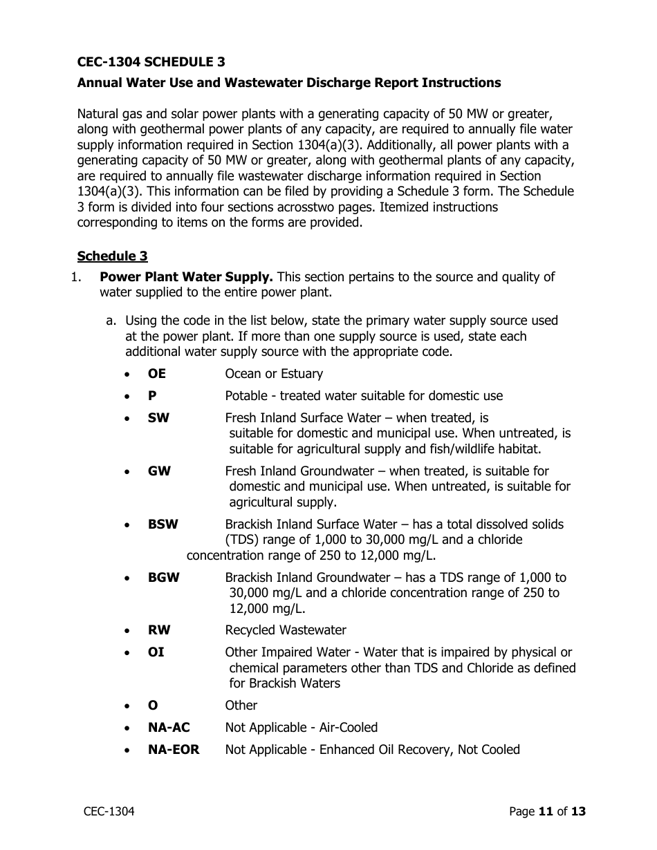 Instructions for Form CEC-1304 Power Plant Generation and Fuel Quarterly Reports With Annual Environmental Information - California, Page 11