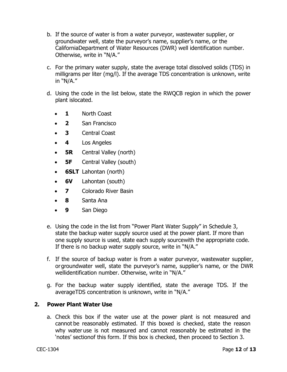 Instructions for Form CEC-1304 Power Plant Generation and Fuel Quarterly Reports With Annual Environmental Information - California, Page 12