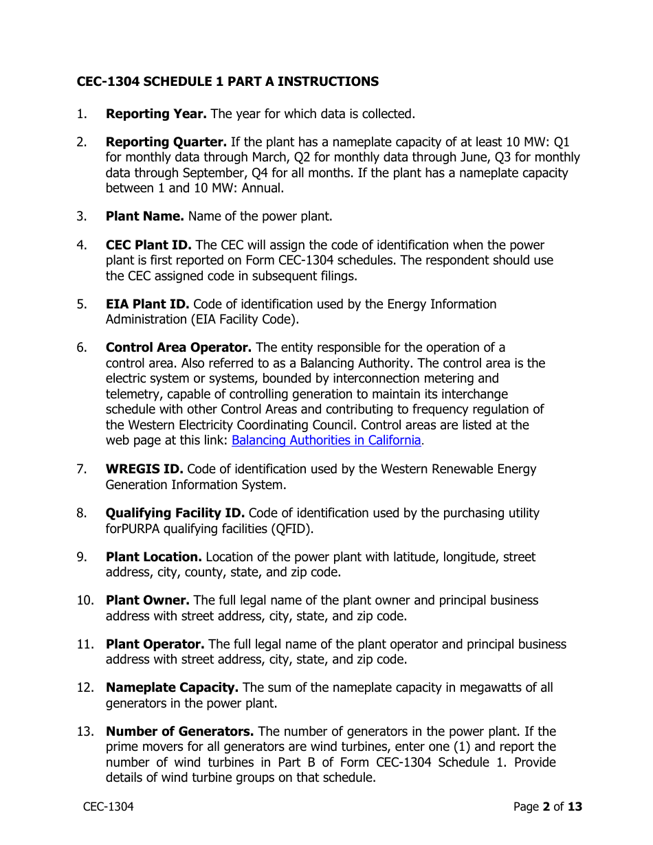 Instructions for Form CEC-1304 Power Plant Generation and Fuel Quarterly Reports With Annual Environmental Information - California, Page 2