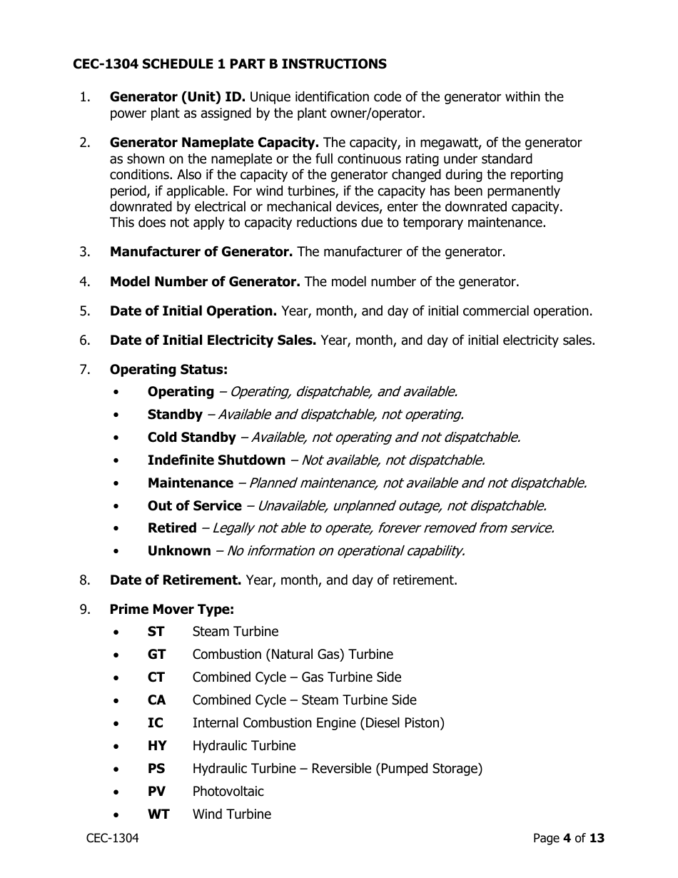 Instructions for Form CEC-1304 Power Plant Generation and Fuel Quarterly Reports With Annual Environmental Information - California, Page 4