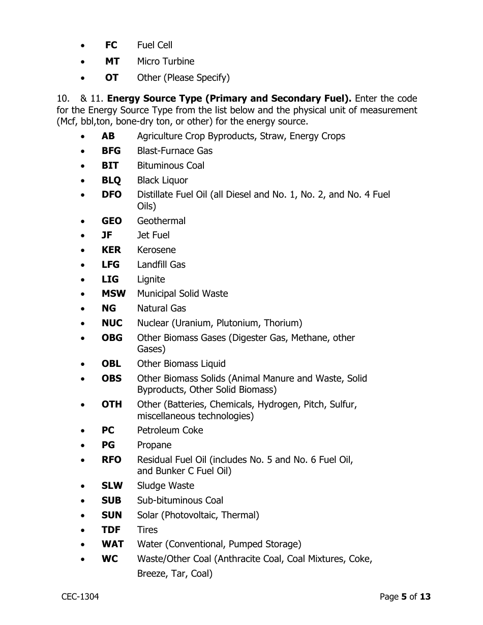 Instructions for Form CEC-1304 Power Plant Generation and Fuel Quarterly Reports With Annual Environmental Information - California, Page 5