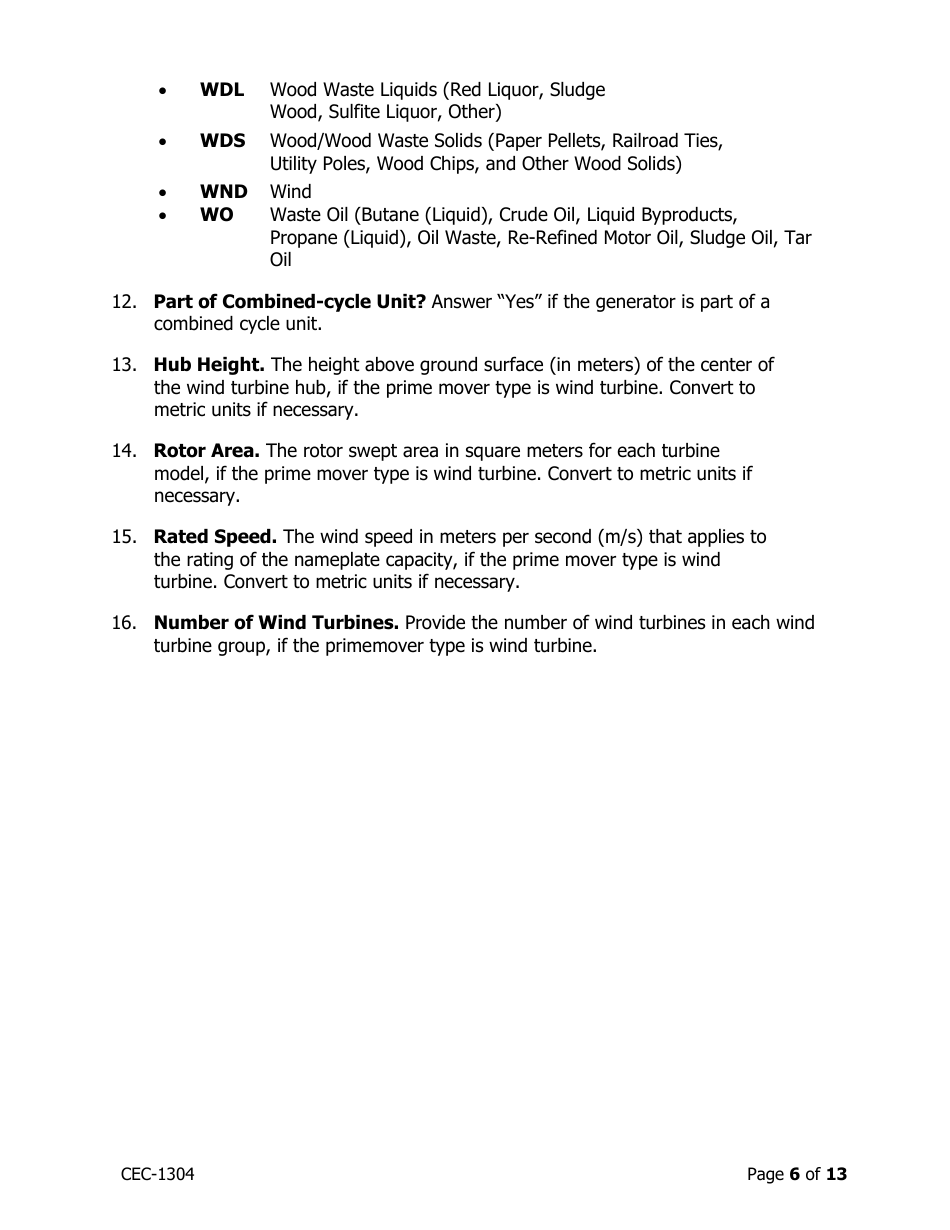 Instructions for Form CEC-1304 Power Plant Generation and Fuel Quarterly Reports With Annual Environmental Information - California, Page 6