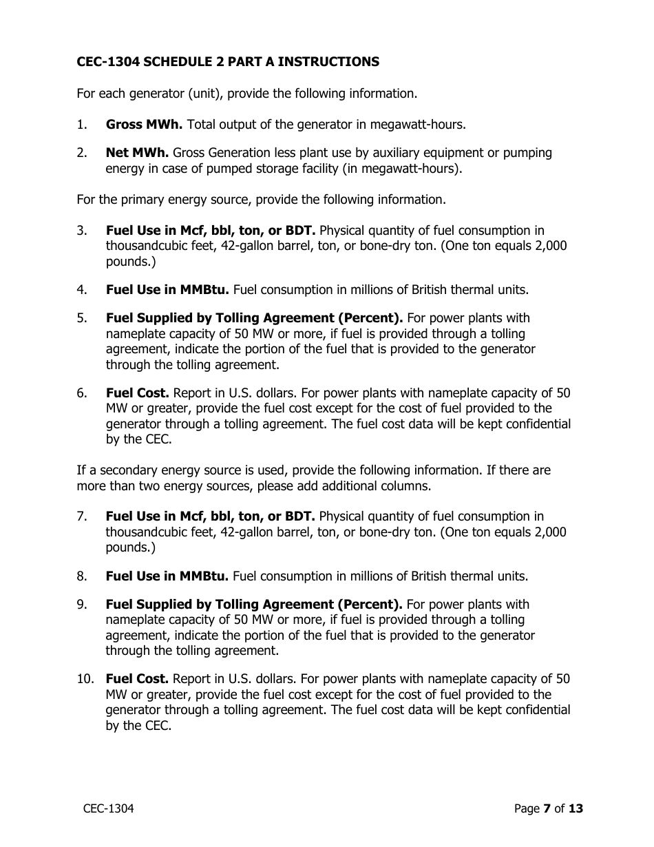 Instructions for Form CEC-1304 Power Plant Generation and Fuel Quarterly Reports With Annual Environmental Information - California, Page 7