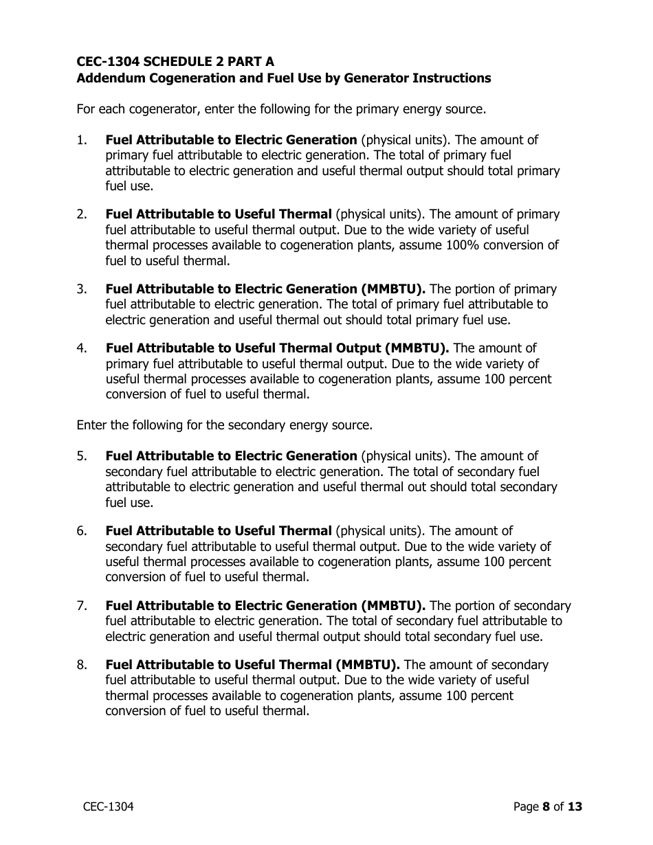 Instructions for Form CEC-1304 Power Plant Generation and Fuel Quarterly Reports With Annual Environmental Information - California, Page 8