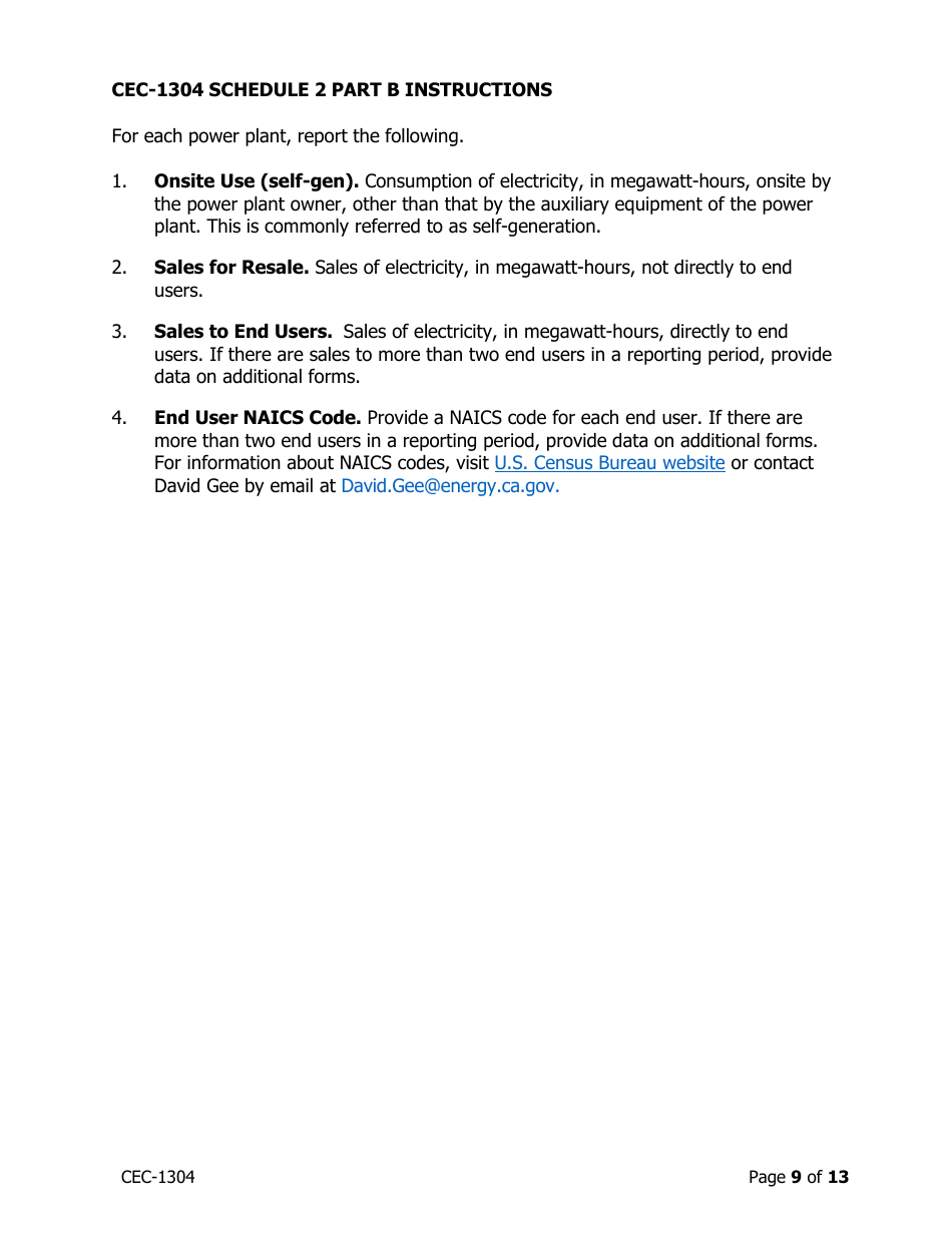 Instructions for Form CEC-1304 Power Plant Generation and Fuel Quarterly Reports With Annual Environmental Information - California, Page 9