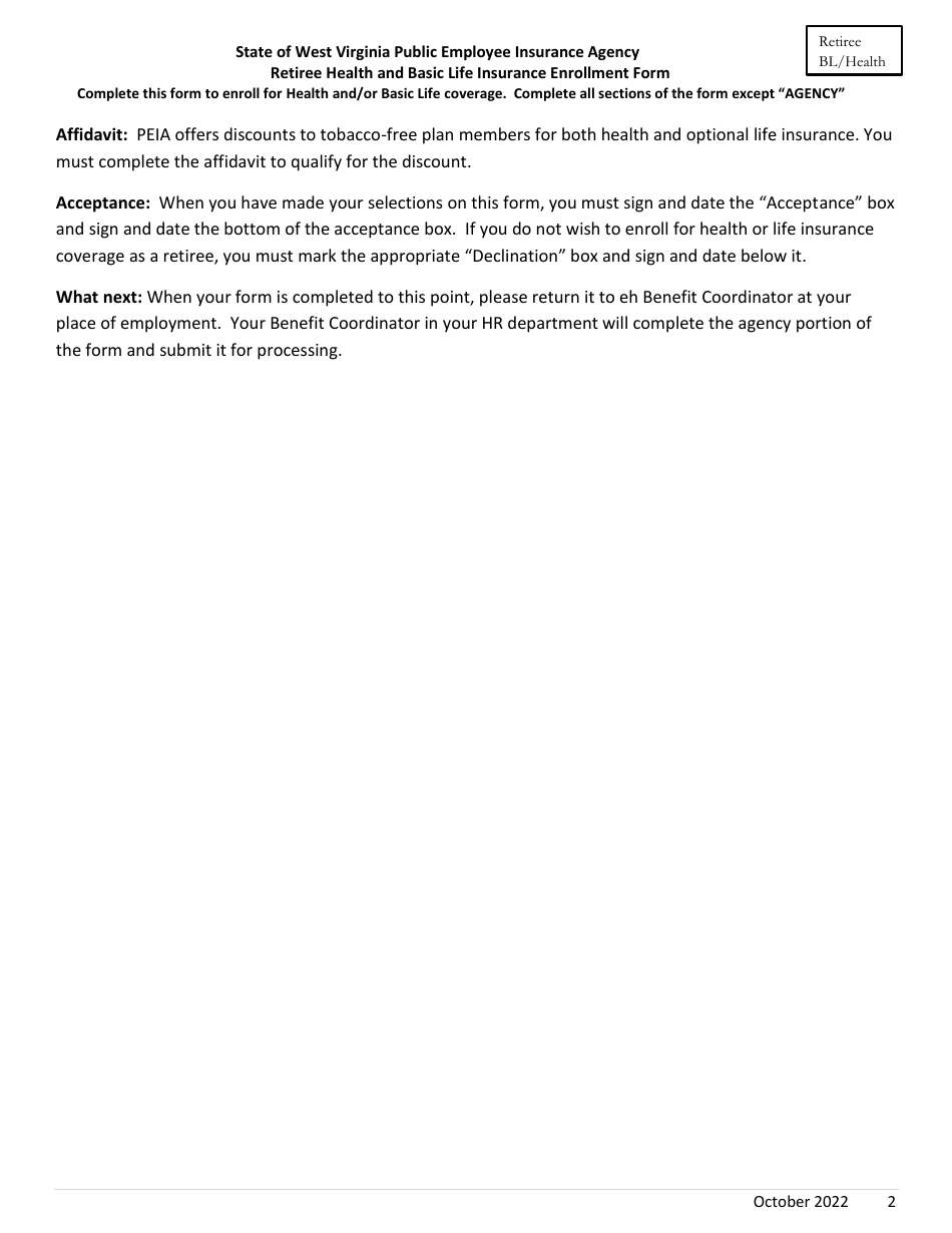 Retirement Health Benefits and Basic Life Insurance Enrollment Form - West Virginia, Page 2