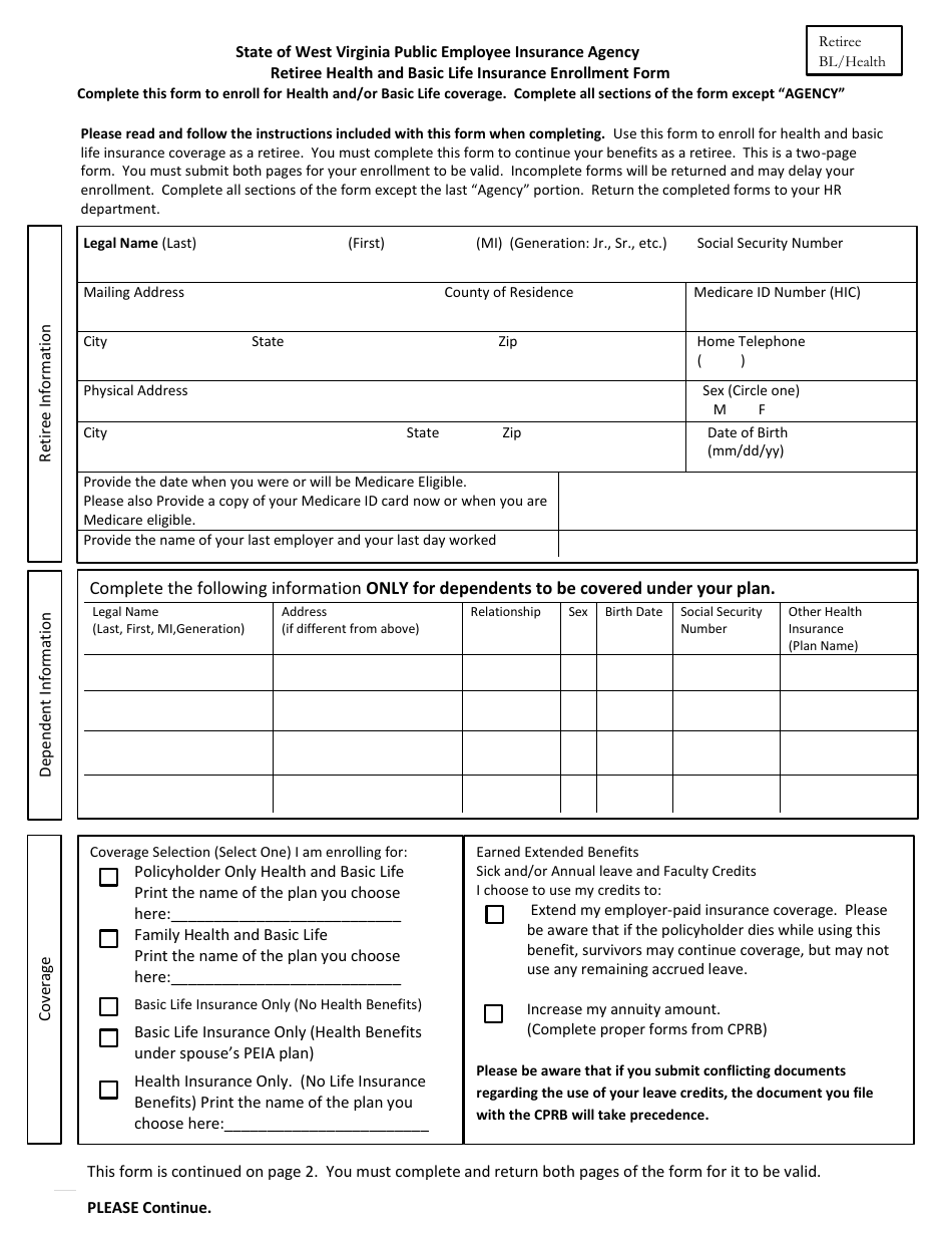 Retirement Health Benefits and Basic Life Insurance Enrollment Form - West Virginia, Page 3
