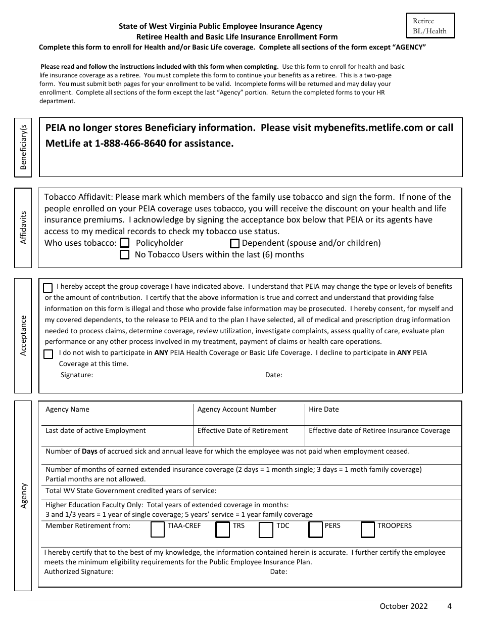 Retirement Health Benefits and Basic Life Insurance Enrollment Form - West Virginia, Page 4