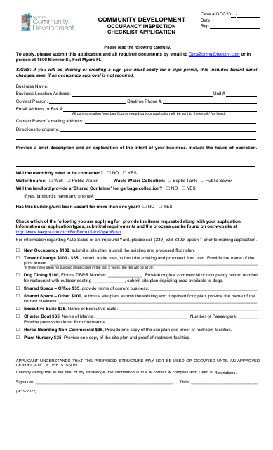 Occupancy Inspection Checklist Application - Lee County, Florida Download Pdf