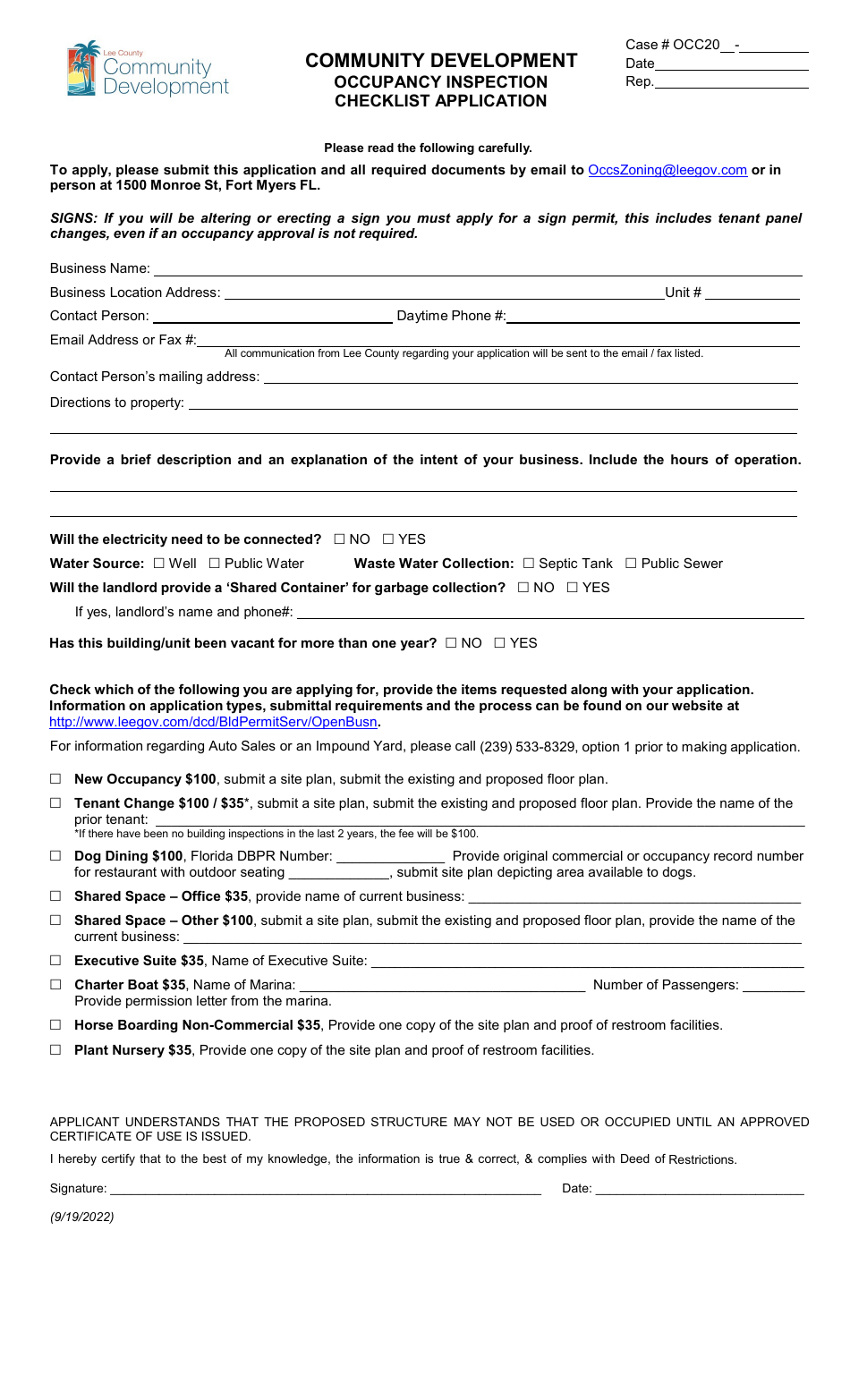 Occupancy Inspection Checklist Application - Lee County, Florida, Page 1