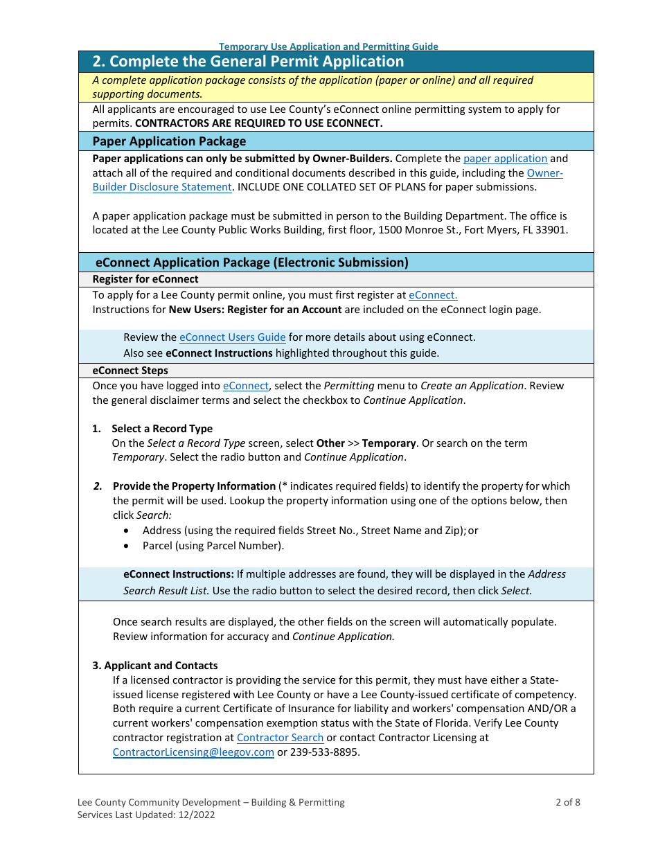 Temporary Use Application and Permitting Guide - Lee County, Florida, Page 2