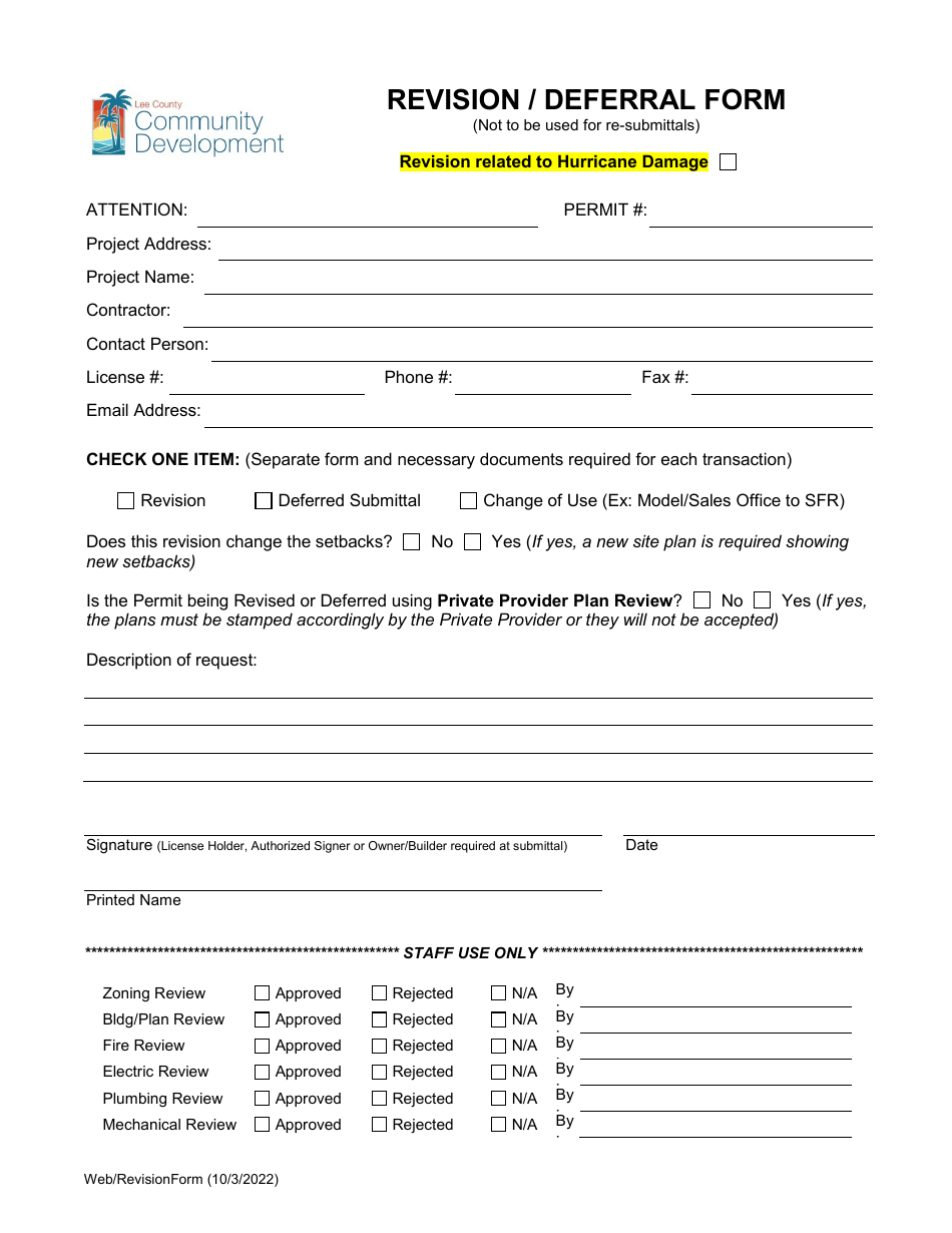 Revision / Deferral Form - Lee County, Florida, Page 1
