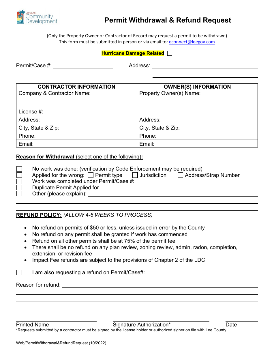 Lee County, Florida Permit Withdrawal & Refund Request - Fill Out, Sign ...