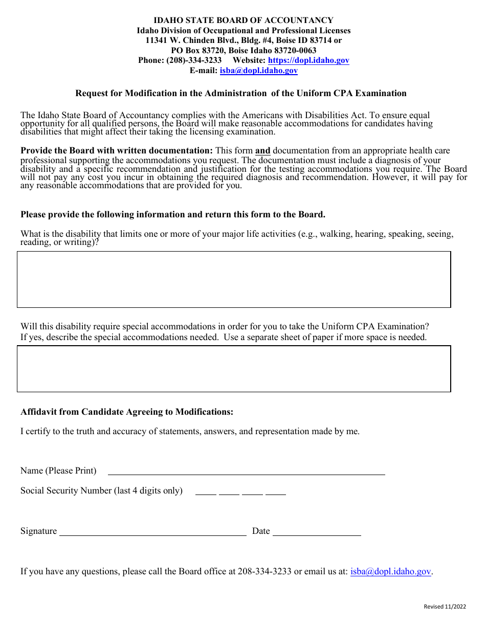 Request for Modification in the Administration of the Uniform CPA Examination - Idaho, Page 1