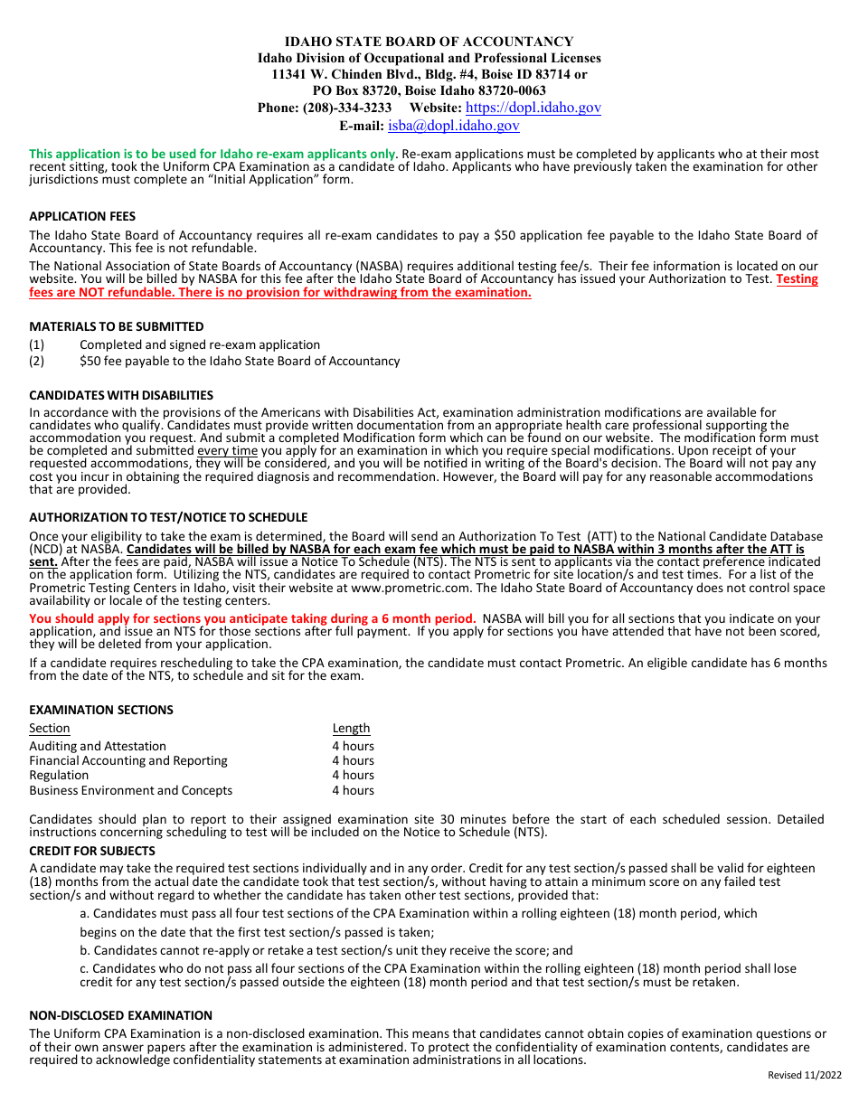 Application for Re-exam - Idaho, Page 1