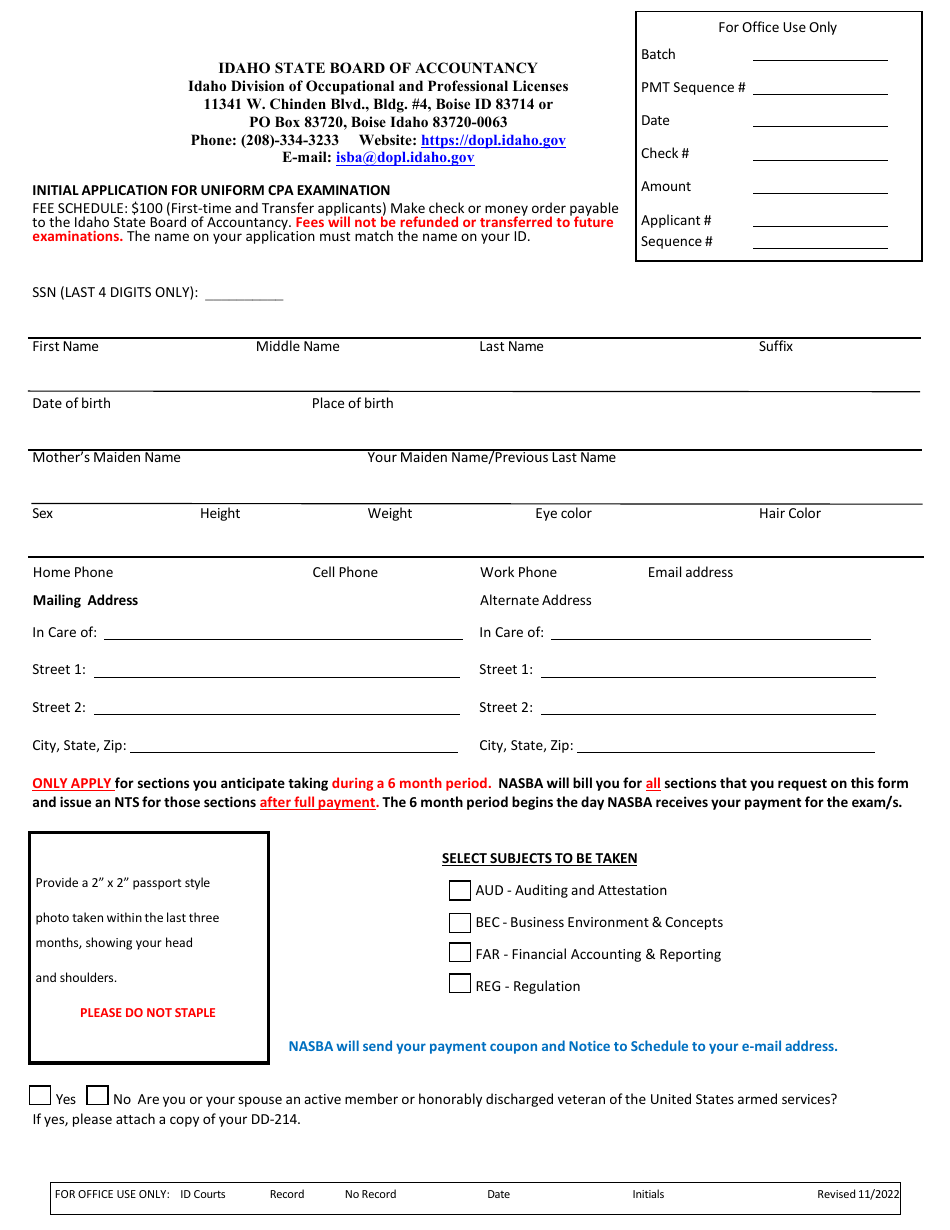 Initial Application for Uniform CPA Examination - Idaho, Page 3