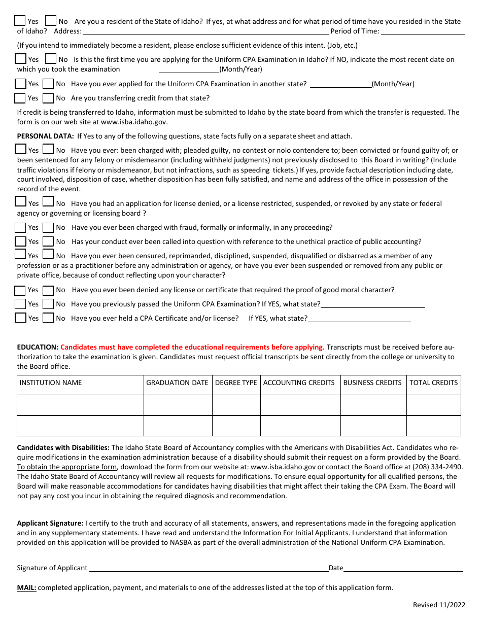 Initial Application for Uniform CPA Examination - Idaho, Page 4