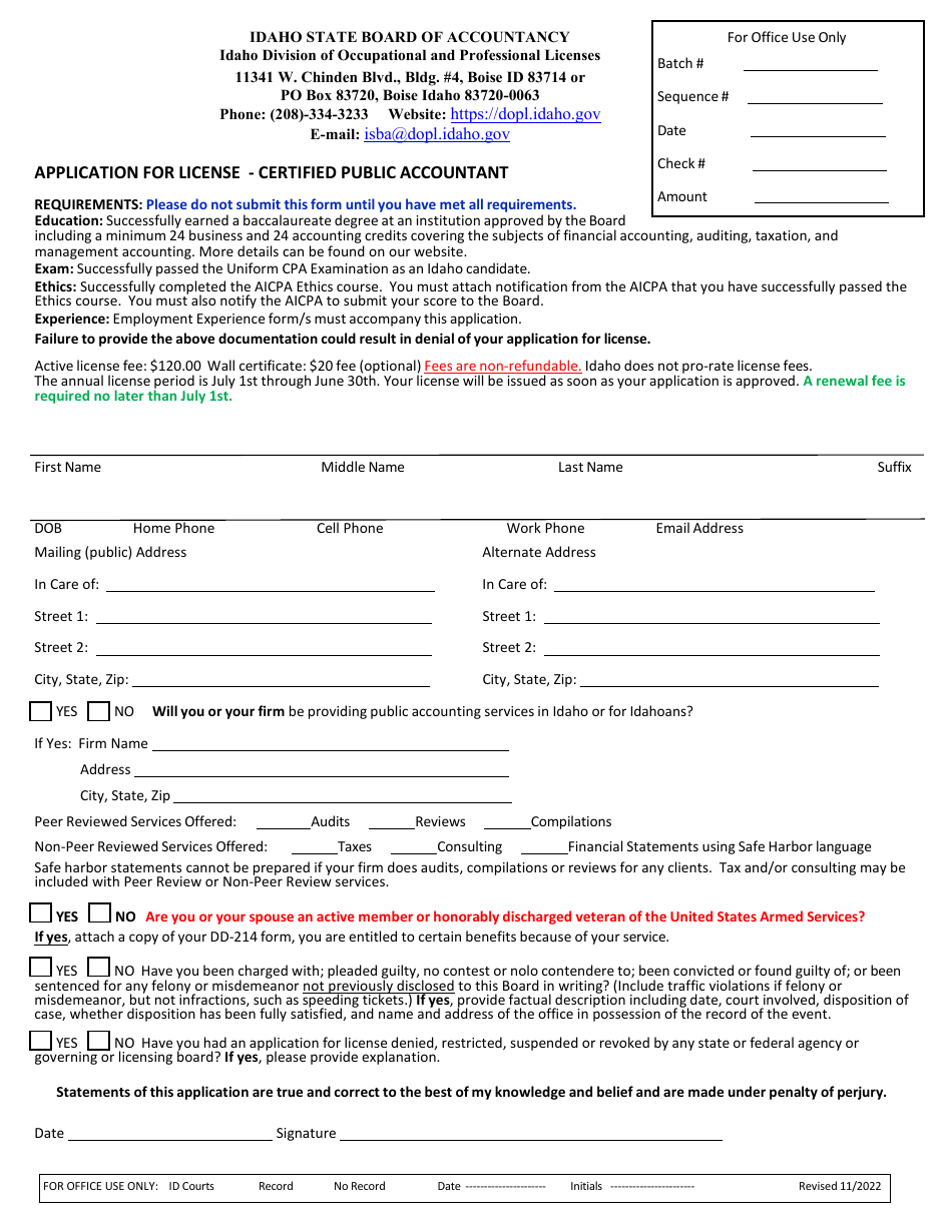 Application for License - Certified Public Accountant - Idaho, Page 1