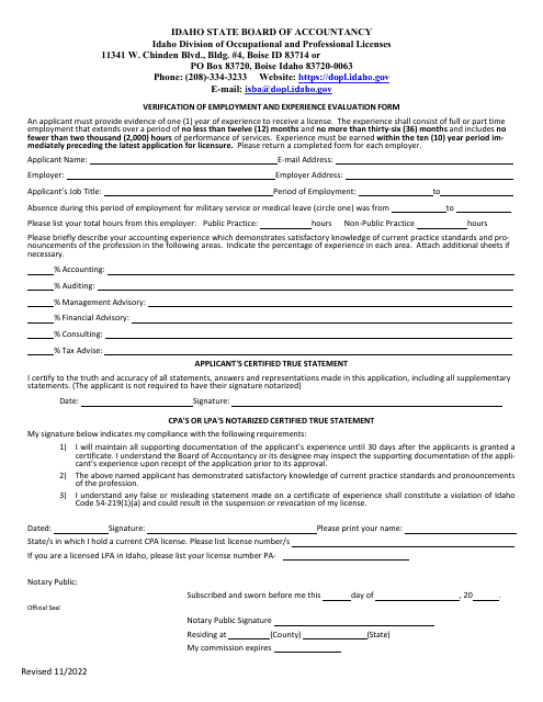 Verification of Employment and Experience Evaluation Form - Idaho