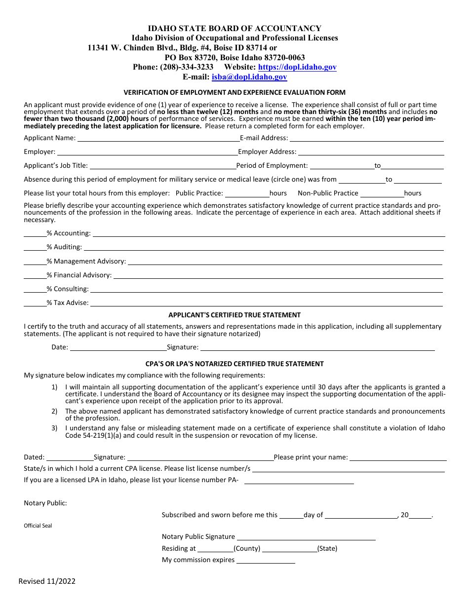 Idaho Verification of Employment and Experience Evaluation Form ...