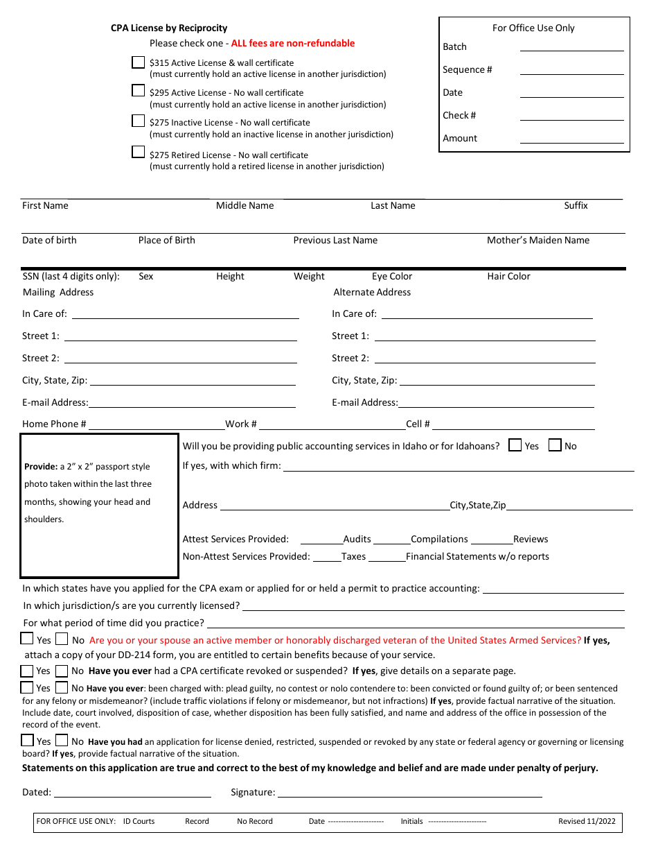 Idaho Cpa License By Reciprocity Application Fill Out Sign Online And Download Pdf 1461