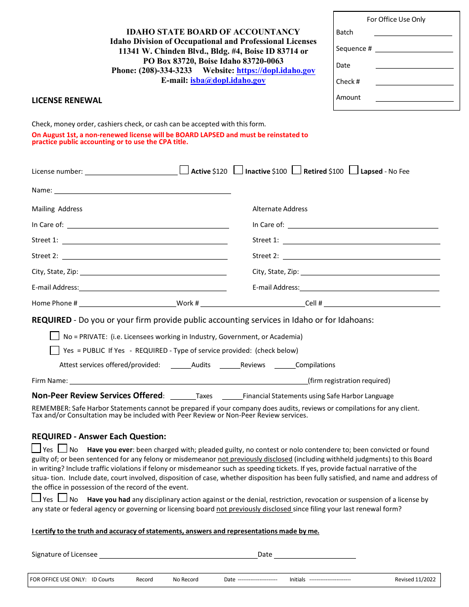 License Renewal Application - Idaho, Page 1
