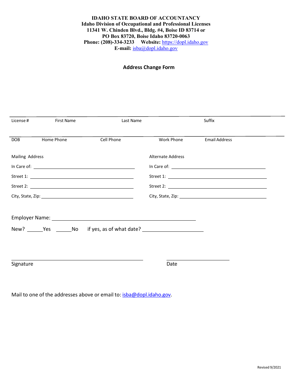 Idaho Address Change Form Fill Out, Sign Online and Download PDF