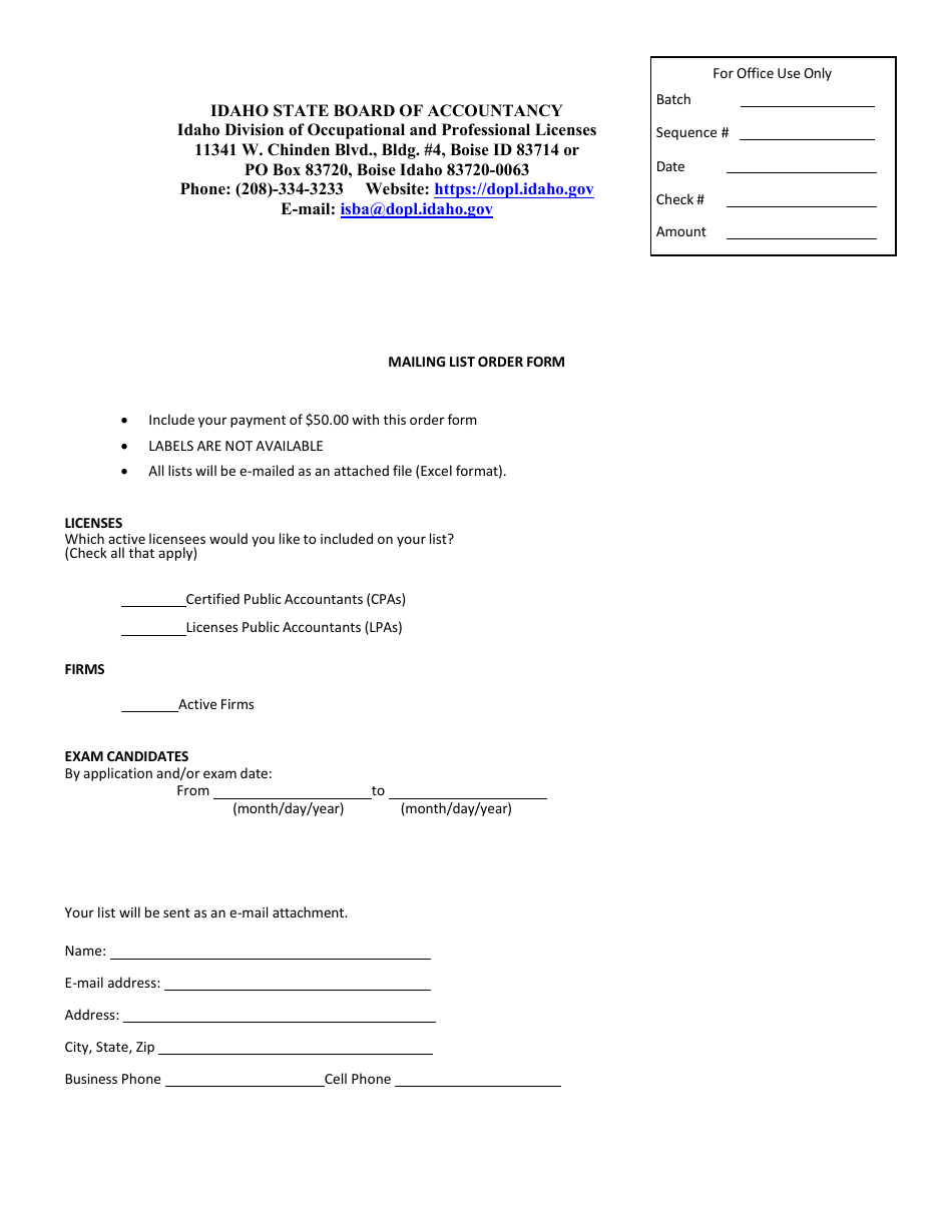 Idaho Mailing List Order Form Fill Out Sign Online And Download PDF idaho-mailing-list-order-form-fill-out-sign-online-and-download-pdf