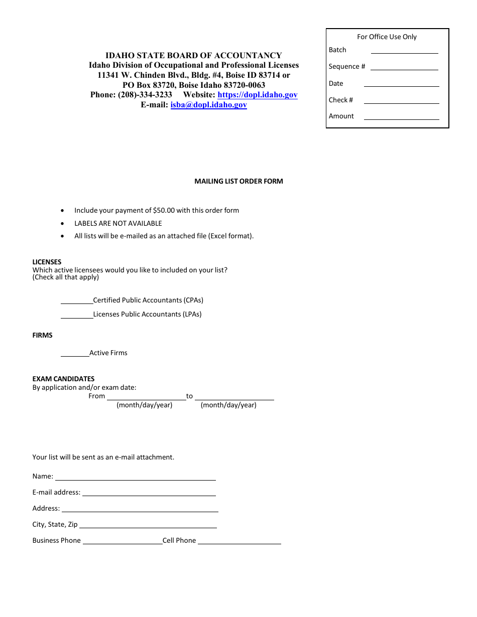 Mailing List Order Form - Idaho, Page 1
