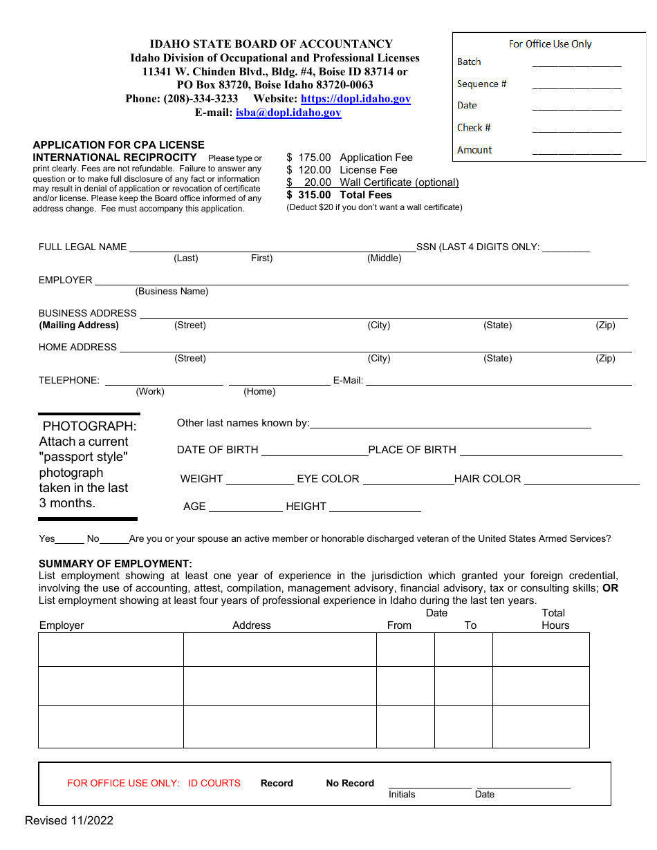 Idaho Application For Cpa License International Reciprocity Fill Out Sign Online And 6263