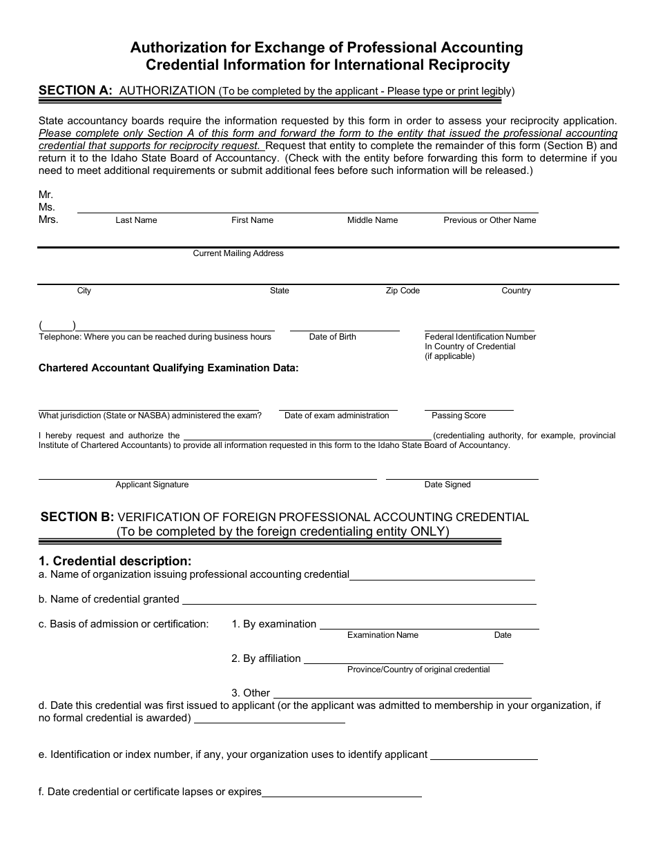 Idaho Application For Cpa License International Reciprocity Download Printable Pdf 2511