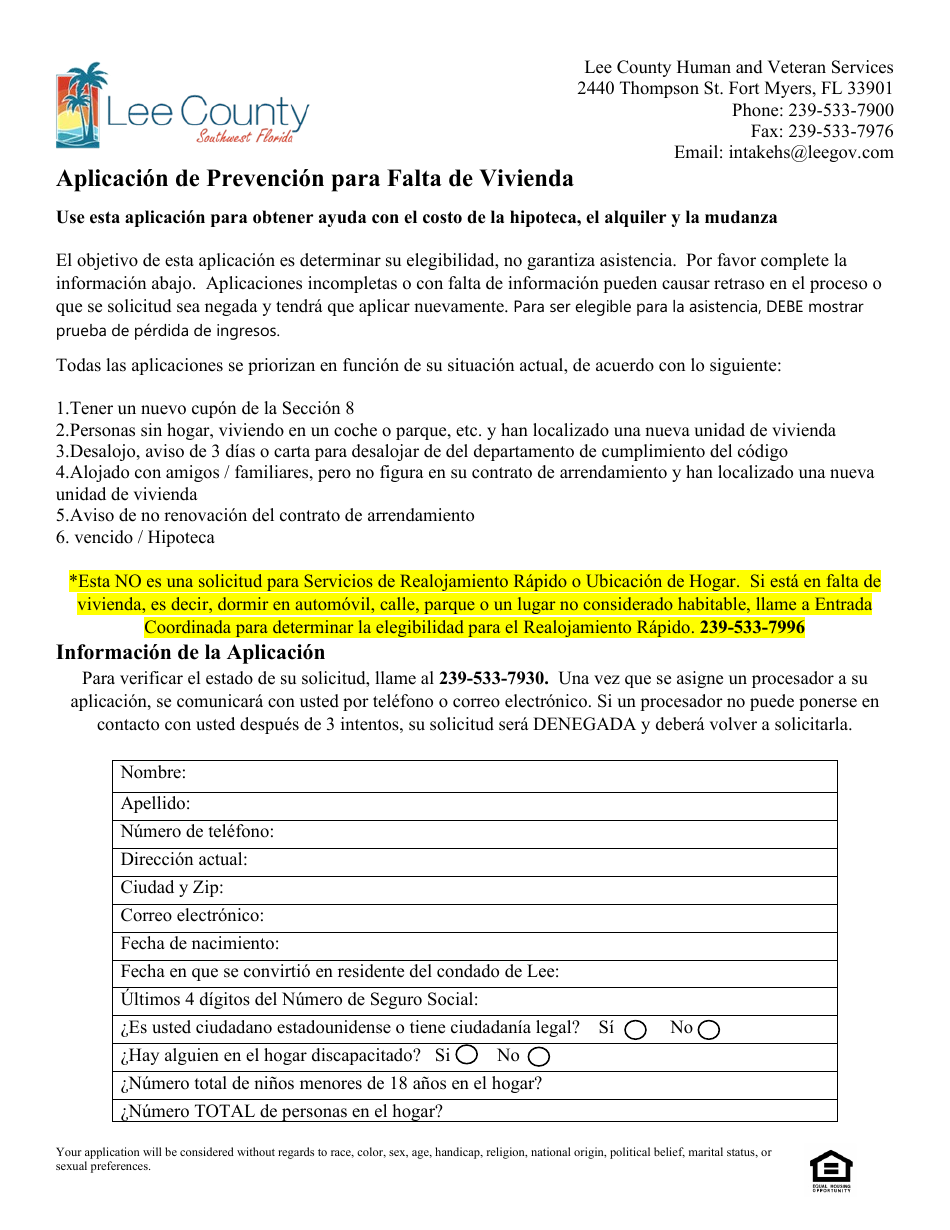 Aplicacion De Prevencion Para Falta De Vivienda - Lee County, Florida (Spanish), Page 1