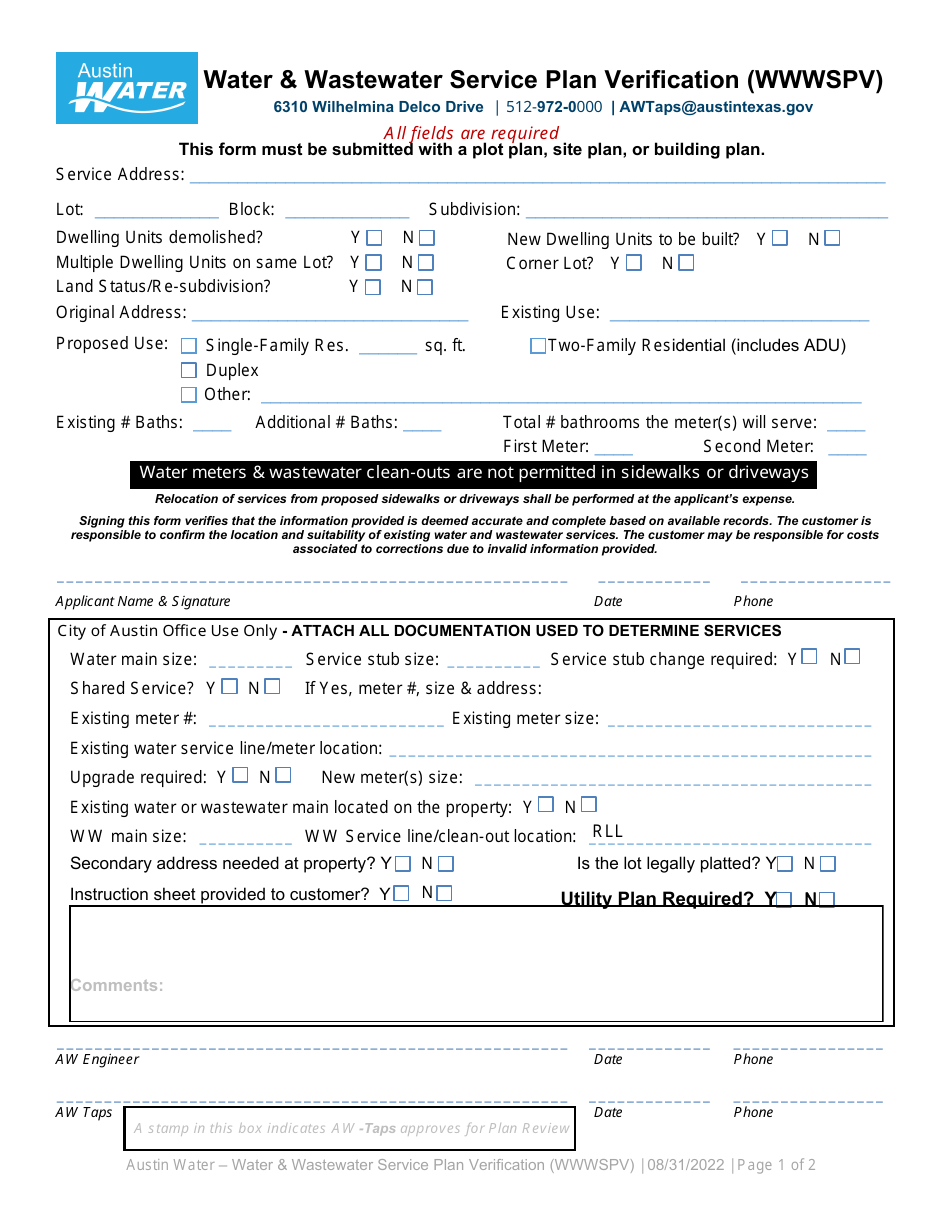 Water  Wastewater Service Plan Verification (Wwwspv) - City of Austin, Texas, Page 1