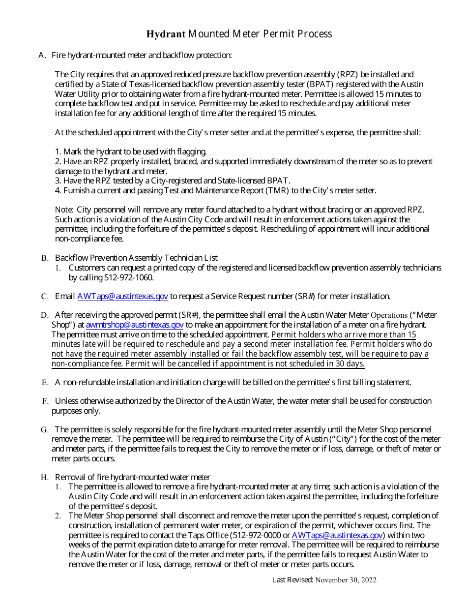City of Austin, Texas Hydrant Mounted Water Meter Permit Fill Out