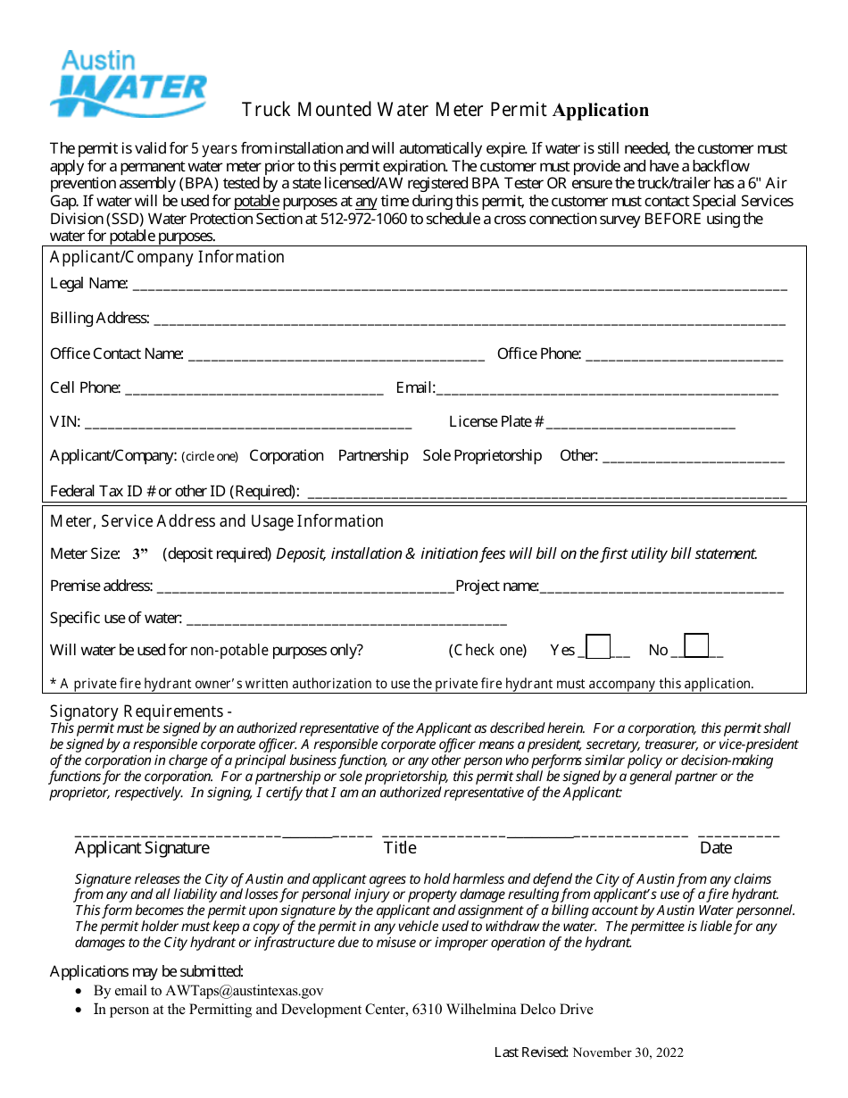Truck Mounted Water Meter Permit Application - City of Austin, Texas, Page 1