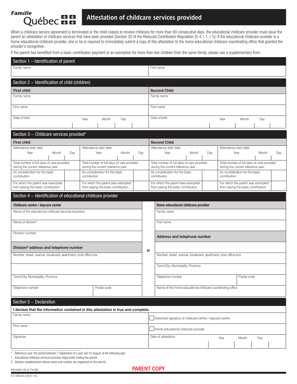 Form FO-0602A Attestation of Childcare Services Provided - Quebec, Canada, Page 1